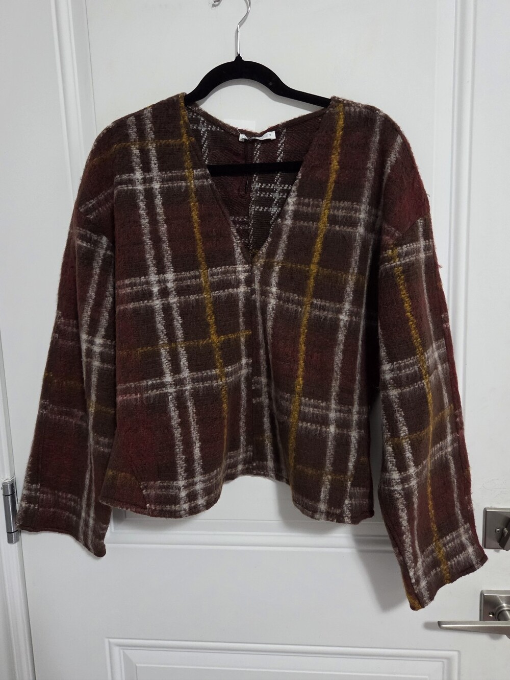 Zara Women's V Neck Checked Sweater - Size L